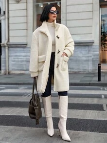 EURMUSE 女士纯色纽扣和口袋细节冬季大衣 - 米色 - 查看 5