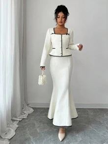 Elenzga Elegant Collared Contrast Ruffle Butterfly Button Decor Fitted Jacket, Contrast Ruffle Mermaid Hem Skirt - Apricot - View 5