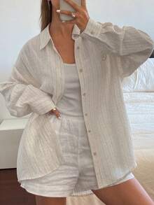 Livesso Casual Vintage Coin Loose Striped Long Sleeve Women Shirt, Spring/Summer - Apricot - View 5