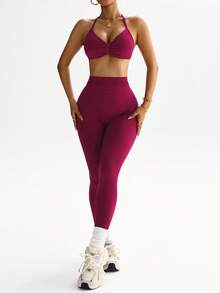 Dewbera Women's Halter Backless Bodycon Binding Leg 2 Pieces Activewear Set Workout Sets - Burgundy - View 7