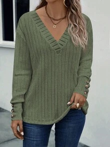 EMERY ROSE 女士休闲纯色落肩宽松T恤 - 軍綠色 - 查看 4