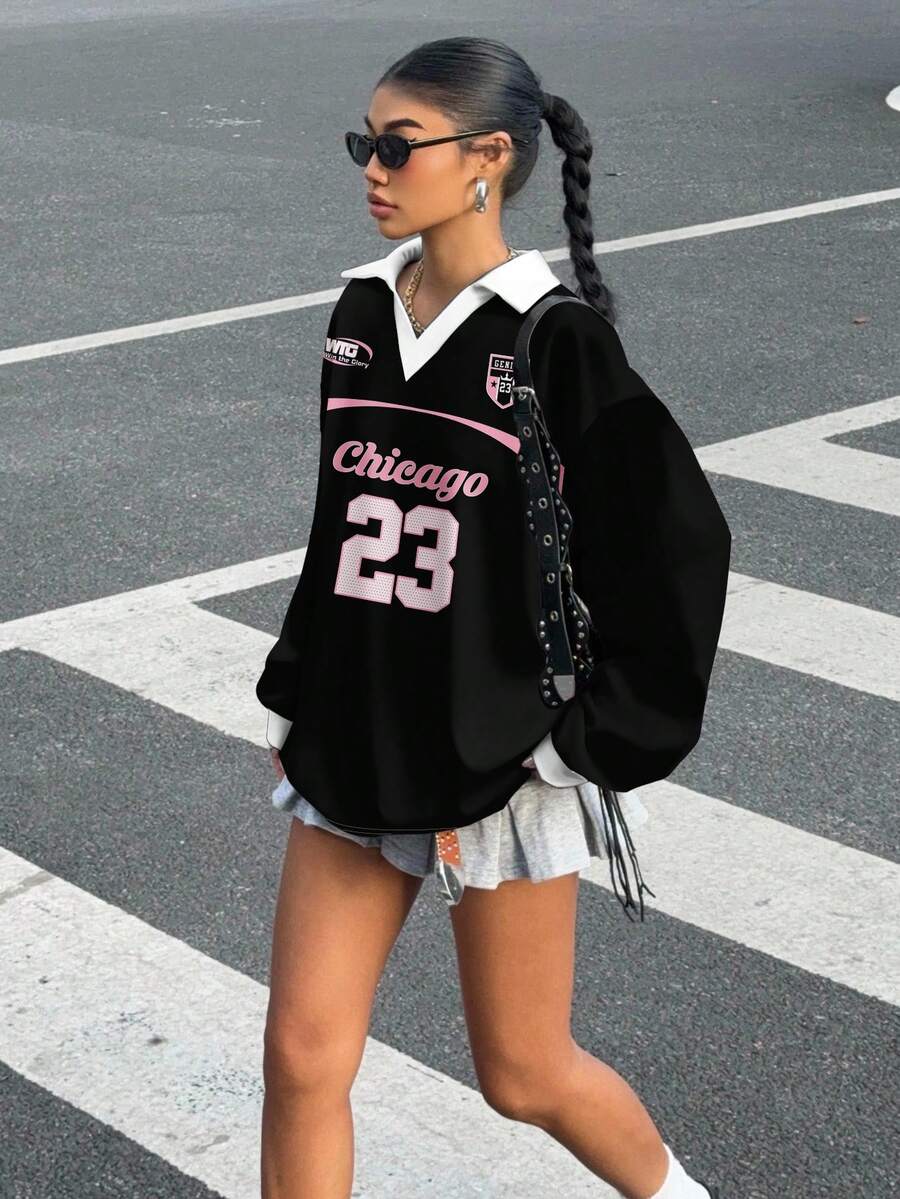 Muchica 女士休闲撞色 Polo 领长袖宽松 T 恤，适合秋冬季节、运动赛事，皇家蓝，球赛、篮球，23 号 Y2k 超大款球衣，韩版时尚球衣，Y2k 女款球衣，黑色上衣 - 黑色 - 查看 1