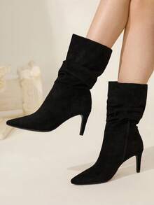 CUCCOO CHICEST Giày bốt cao đến giữa bắp chân bằng nhung giả da lộn màu đen cổ điển thoải mái, kiểu dáng mới thu/đông, xếp ly, mũi nhọn, thanh lịch, dễ phối đồ, phù hợp cho các buổi hẹn hò, công sở, Halloween, Giáng sinh, Lễ tạ ơn, đa năng - màu đen - Xem 5