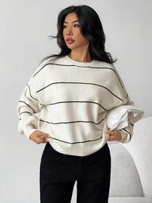 SHEIN Winter Clothes Loose Casual Striped Pullover Sweater For Teen Girls, Comfortable & Versatile, Thick & Warm For Autumn/Winter Sweater Girl Knit Sweater Sweaters Teen