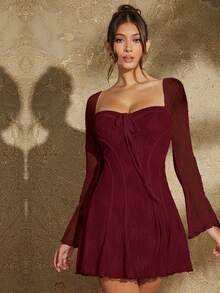 SHEIN BAE Váy ren viền bèo nhún cho nữ - Màu Đỏ Sâu - Xem 6