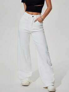 SHEIN ICON Casual Versatile Solid Color Loose Straight Leg White Jeans - White - View 3