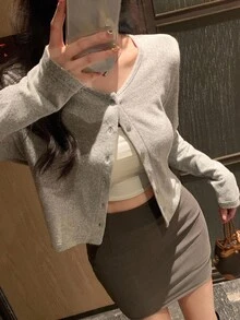 DAZY Women Loose Solid Color Round Neck Long Sleeve Open Front T-Shirt, Casual Autumn,Fall Women Clothes