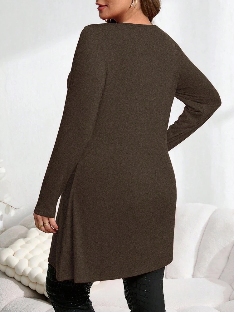 Plus Size Red Asymmetrical Hem Button Down Long Tee,Fall Women Clothes Plus Size Brown Tunic Khaki Plus Size Top Elegant Women's Blouses New Year Clothes Winter Clothes For Women  Fall Clothes For Women