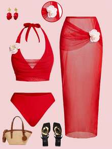 Swim Oasis Bộ bikini hở lưng họa tiết hoa 3D đi biển dành cho nữ kèm áo choàng và váy, mùa hè - Đỏ - Xem 1