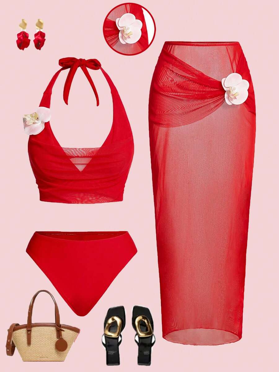 Swim Oasis Bộ bikini hở lưng họa tiết hoa 3D đi biển dành cho nữ kèm áo choàng và váy, mùa hè - Đỏ - Xem 1