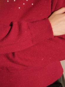 Anewsta Áo len dệt kim dáng rộng cổ tròn đính đá Rhinestone trang trí mùa thu/đông dành cho nữ, Áo chui đầu dệt kim thanh lịch cho Giáng sinh, mùa thu, mùa đông - Đỏ - Xem 4