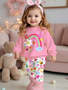 SHEIN Baby Mädchen Lässig Süß Floral, Gesicht, Regenbogen, Insekt, Schmetterling Muster Weich Dick Rundhals Langarm Sweatshirt und Leggings Set, geeignet für Herbst/Winter