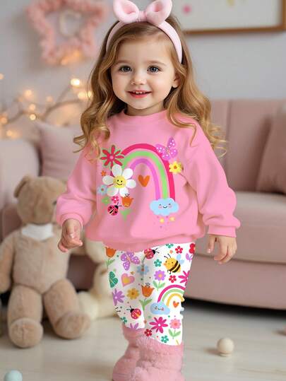 SHEIN Happikins Baby Girls Casual Cute Floral, Face, Rainbow, Insect, Butterfly Print Soft Thick Crew Neck Long Sleeve Sweatshirt And Leggings Set, Suitable For Autumn/Winter Fall Baby Girl Winter Clothes Baby Girls Sets Rainbow Warm Clothes Baby Girl Clothes Cartoon Baby Girl Clothes Spring Fall Baby Girl Sets Girls 3 Years Old