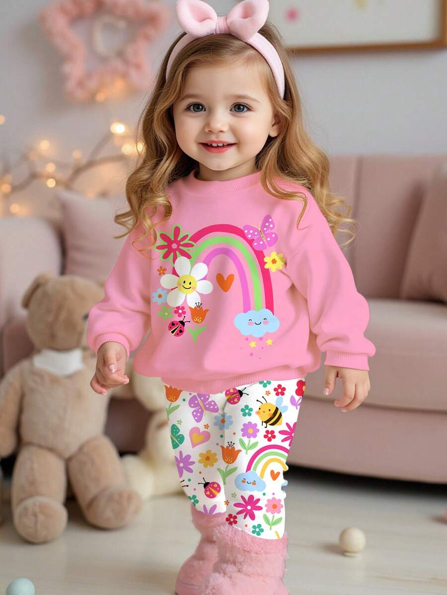 SHEIN Baby Mädchen Lässig Süß Floral, Gesicht, Regenbogen, Insekt, Schmetterling Muster Weich Dick Rundhals Langarm Sweatshirt und Leggings Set, geeignet für Herbst/Winter