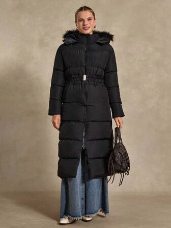 EURMUSE Women's Long Puffer Coat With Faux Fur Hood – Black Maxi Winter Jacket, Belted Waist, Zip Up Quilted Outerwear, Warm Insulated Parka, Thick Padded, Casual Street Style Winter Coat Women Long Jacket For Women Coats For Women Outerwear Women Shackets For Women