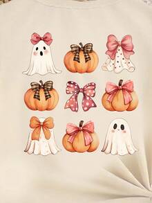 Trang phục Halloween cho bé gái thời trang thường ngày sáng tạo hình bí ngô, ma dễ thương, xin kẹo, sinh vật ma quái, mùa đáng sợ, áo phông tay ngắn cơ bản phong cách mùa thu - Màu be - Xem 6