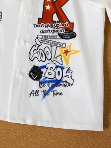 SHEIN 2件套年轻男童休闲酷炫K字母图案印花宽松舒适长袖衬衫和裤子套装 - 彩色 - 查看 5