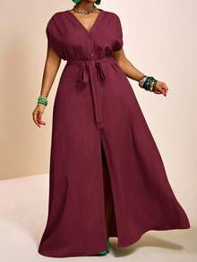 Veslaya Plus Size Summer Vacation Casual Solid Color Front Button Long Dress - Burgundy - View 7