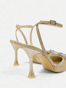 CUCCOO TILAWA Gold Glitter Rhinestone Bow Decor Strap Hollow Out Fashionable Sexy Gold Color High Heels - Gold - View 6