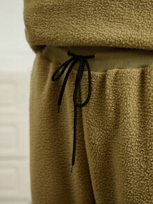 Manfinity Homme Men's Plush Fabric Drop Shoulder Hoodie And Loose Fit Pants Set, Fall Clothes - Army Green - View 7