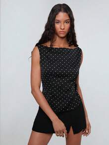 TRNVIE 复古时尚粉色波尔卡圆点印花无袖女式背心，春季 - 黑色 - 查看 5