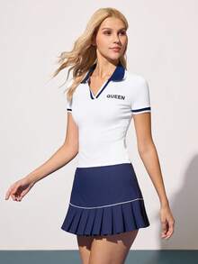 CourtClass 女式撞色 V 领 Polo 衫定制撞色罗纹针织个性化标语印花修身短袖休闲运动网球 Polo 衫女式高尔夫服装 - 白色 - 查看 3