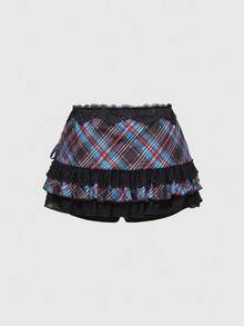 ROMWE Avant Women's Retro Collegiate Style Patterned Lace Patchwork Asymmetrical Mini Skirt - Black - View 2
