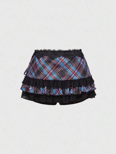 ROMWE Avant Jupe mini asymétrique en style rétro universitaire avec motif en dentelle et patchwork pour femmes