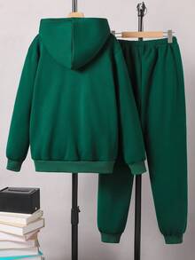 SHEIN 青少年男孩简约印花连帽衫和裤子两件套 - 綠色 - 查看 2