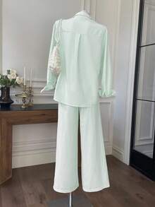 Comfortcana 女士新款条纹刺绣宽松上衣和裤子套装 - 綠色 - 查看 2