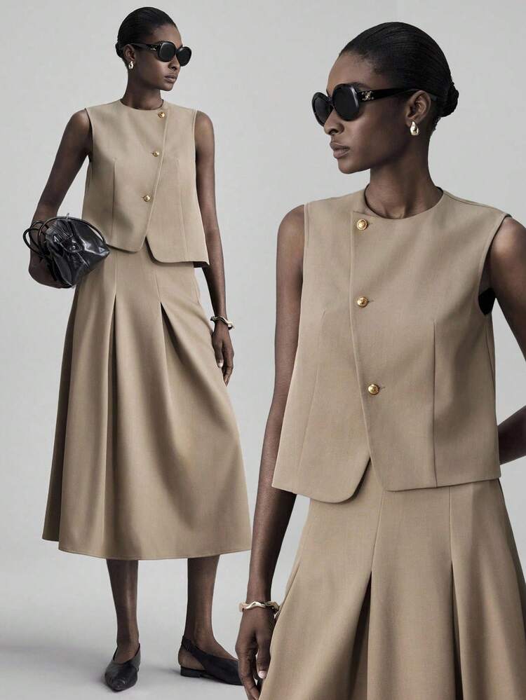 Ontre 2026SS New Khaki Asymmetrical Cut Oblique Placket Metal Button Design Women's Suit Vest & Skirt Set, Elegant For Party And Urban Commute - Khaki - View 1