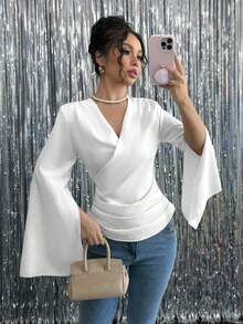 Chiquease Women's V-Neck Long Sleeve Casual Shirt, Minimalist And Fashionable, Suitable For Summer Fall Cloth For Women - White - View 3