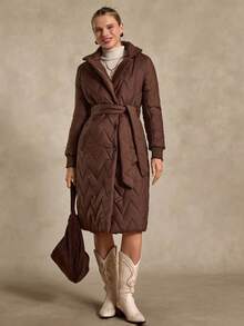Bóhologie Fashionable Belted Snap Button Keeping Warm Padded Coat - Brown - View 4