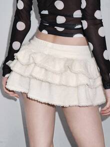 ROMWE Kawaii Y2K Hot Girl 国旗水钻迷彩超低腰荷叶边下摆女式半身裙 - 杏色 - 查看 3