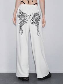 ROMWE Avant Women's Grunge Girl Wing Print Casual Pants - White - View 3