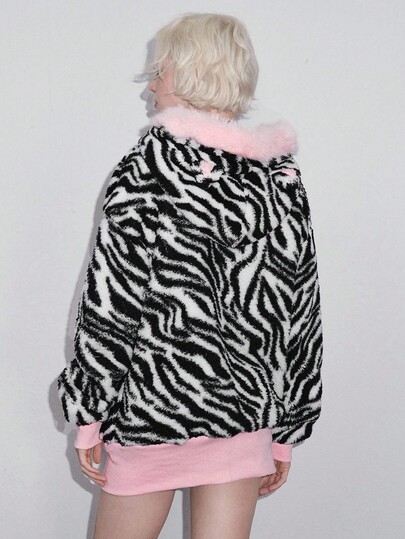 Kawaii Cute Cat Ear Zebra Print Faux Fur Jacket For Women