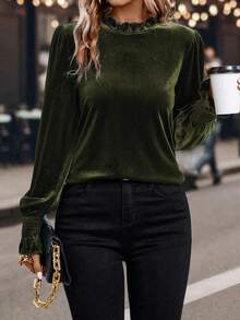 LanaWest Blusa de manga abullonada de unicolor elegante para ir al trabajo, otoño - Verde militar - Ver 5
