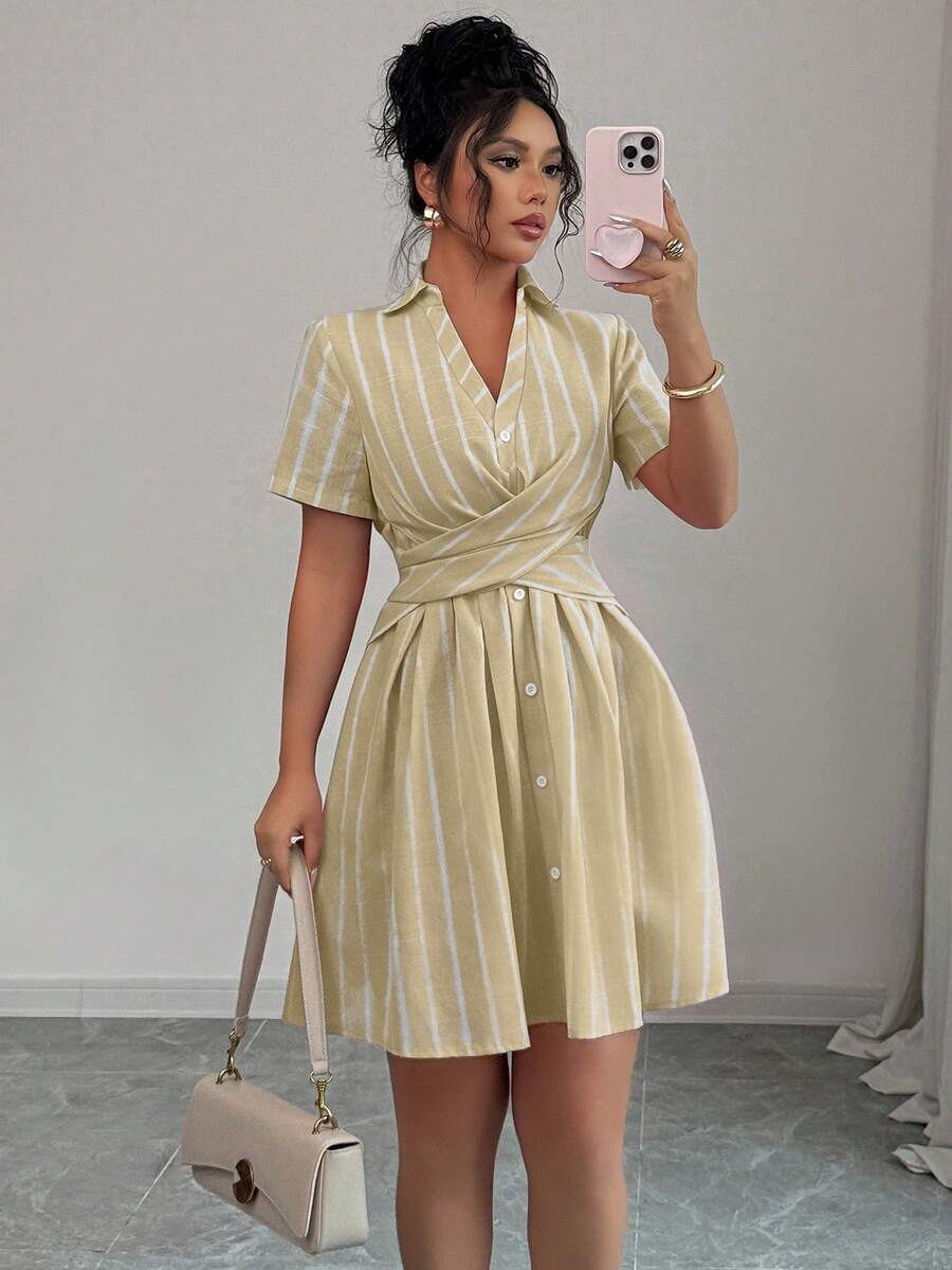 Rafferiza Váy sơ mi sọc hồng tay raglan cổ chữ V thắt eo thanh lịch dành cho nữ, mùa hè - Màu Khaki - Xem 1