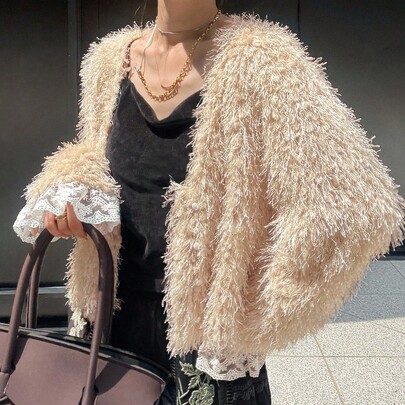 레이스 트림 커프스가 있는 여성용 루즈핏 퍼지 재킷, 가을/겨울