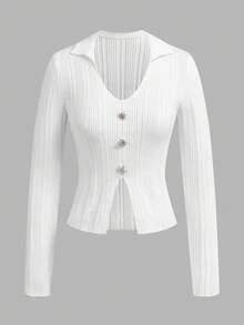 Modelyn Women's Button Decor Fitted Split Hem Long Sleeve Sweater, Autumn/Winter - White - View 1