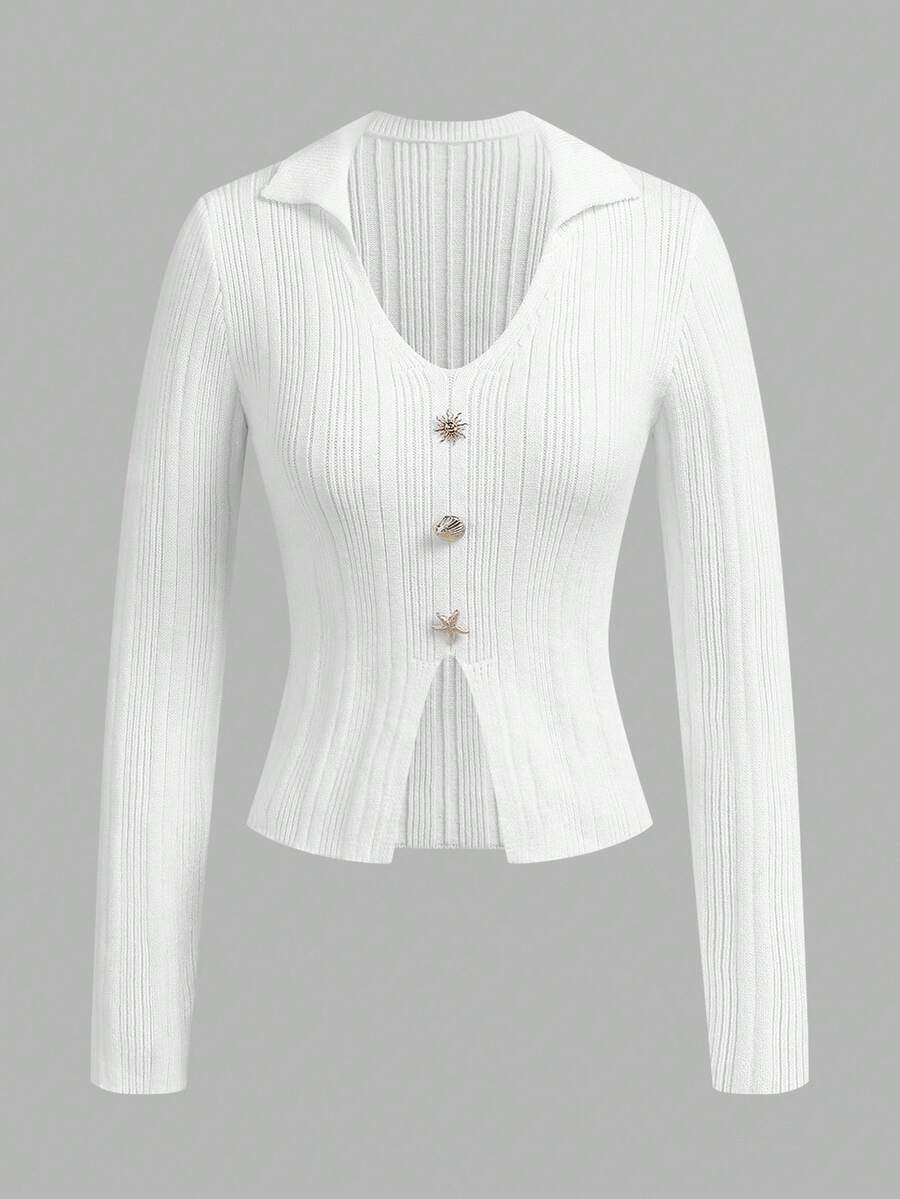 Modelyn Women's Button Decor Fitted Split Hem Long Sleeve Sweater, Autumn/Winter - White - View 1