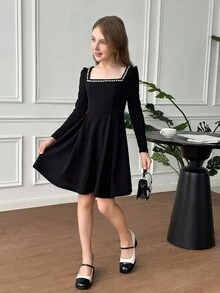 Serisse Kids 青少年女孩优雅圆领铆钉长袖收腰 A 字连衣裙，休闲日常穿着，返校，黑色，适合万圣节、圣诞节、新年 - 黑色 - 查看 10