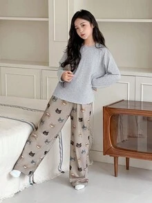 DAZY 2pcs/Set Girls Casual Long Sleeve T-Shirt And Cat Print Pants Homewear Set - Light Grey - View 2