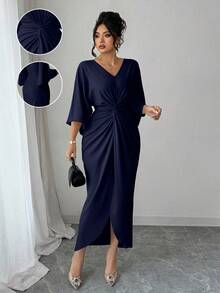 Elenzga Plus Size V-Neck Cinched Waist Bodycon Dress - Navy Blue - View 1