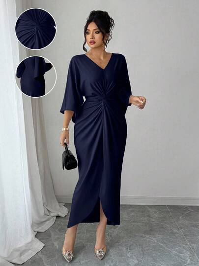 Elenzga Plus Size V-Neck Cinched Waist Bodycon Dress