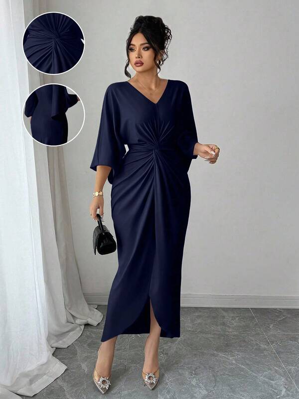 Elenzga Plus Size V-Neck Cinched Waist Bodycon Dress