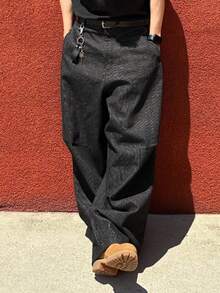 DAZY 秋季条纹可调节踝带宽松低腰男士牛仔裤 - 黑色 - 查看 7