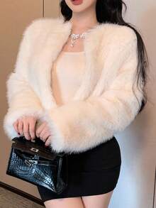 DAZY 女式纯色长袖前开宽松蓬松冬季外套夹克人造毛皮大衣 - 米色 - 查看 7