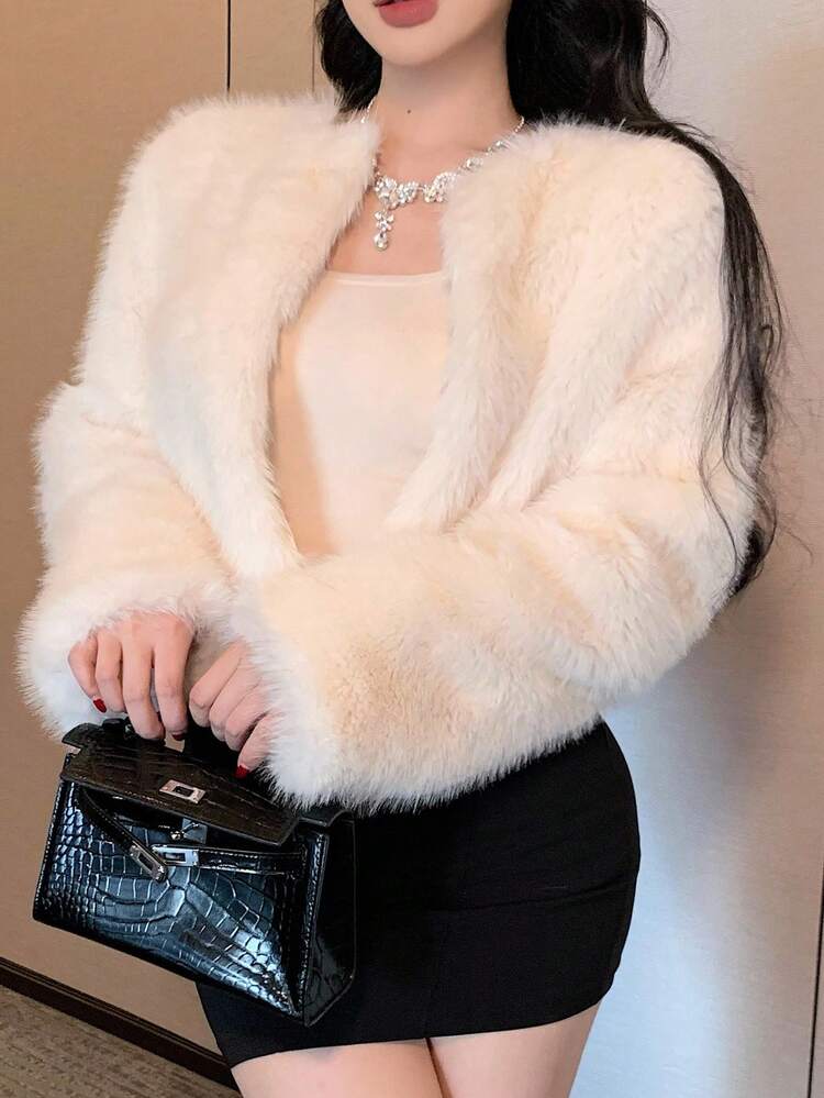 Women's Solid Color Long Sleeve Open Front Loose Fluffy Winter Coat Jacket Faux Fur Coat