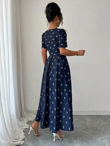 Elenzga 新款时尚夏季短袖 V 领大蝴蝶结装饰中腰飘逸优雅连衣裙，适合派对、购物、度假等场合 - 藏蓝色 - 查看 2